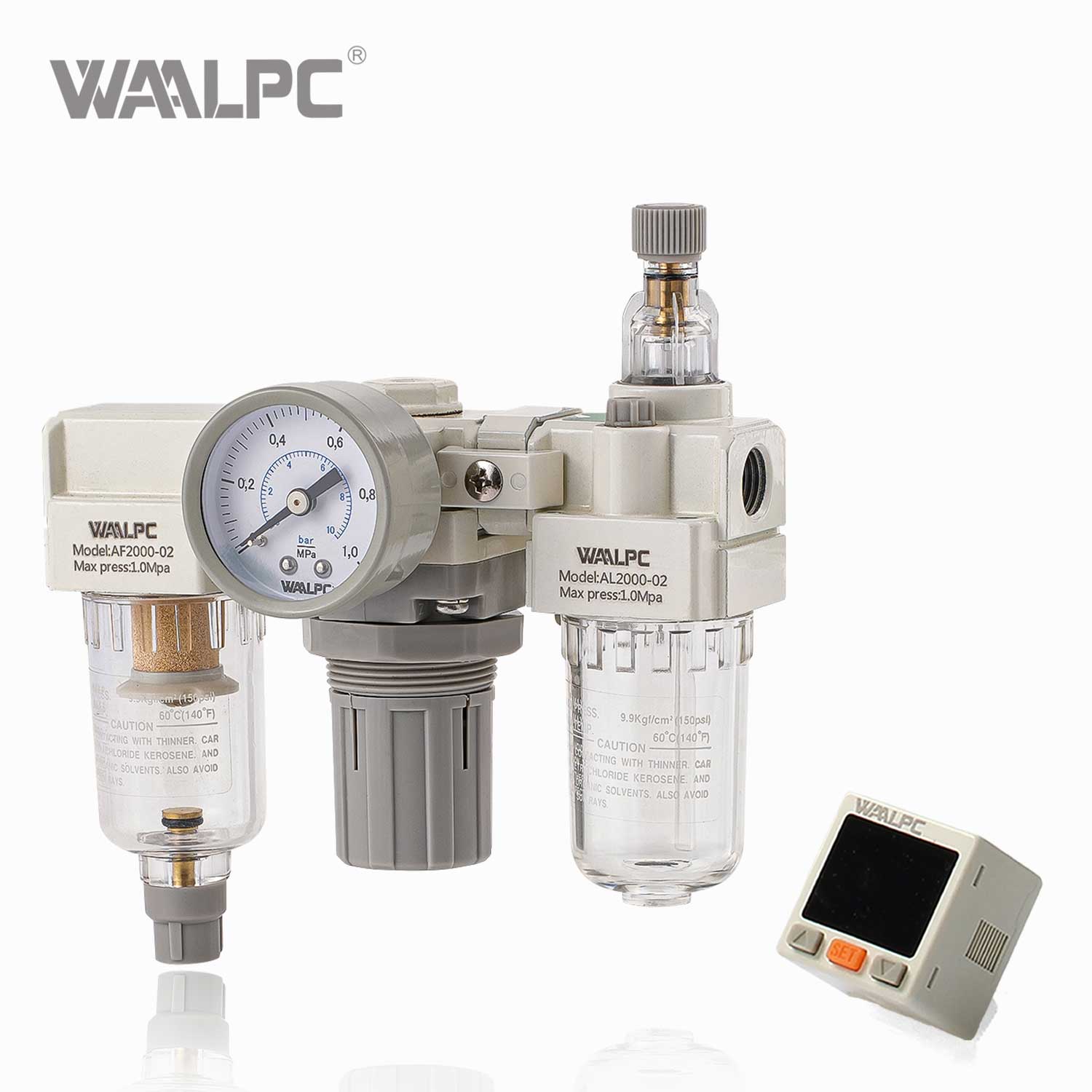 Regulador de filtro neum&aacute;tico blanco WAALPC SMC AW2000-02 G1/4'' 0,05-0.85MPa con man&oacute;metro externo y pantalla electr&oacute;nica 