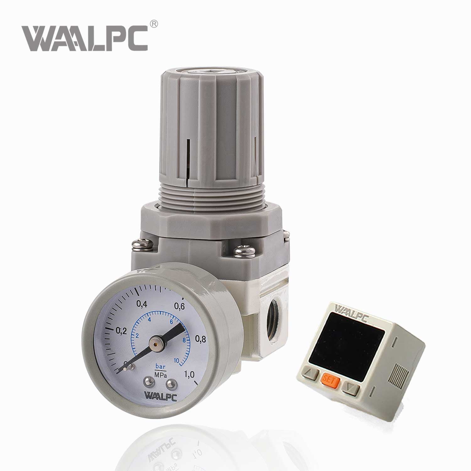 Regulador de filtro neum&aacute;tico blanco WAALPC SMC AW2000-02 G1/4'' 0,05-0.85MPa con man&oacute;metro externo y pantalla electr&oacute;nica 