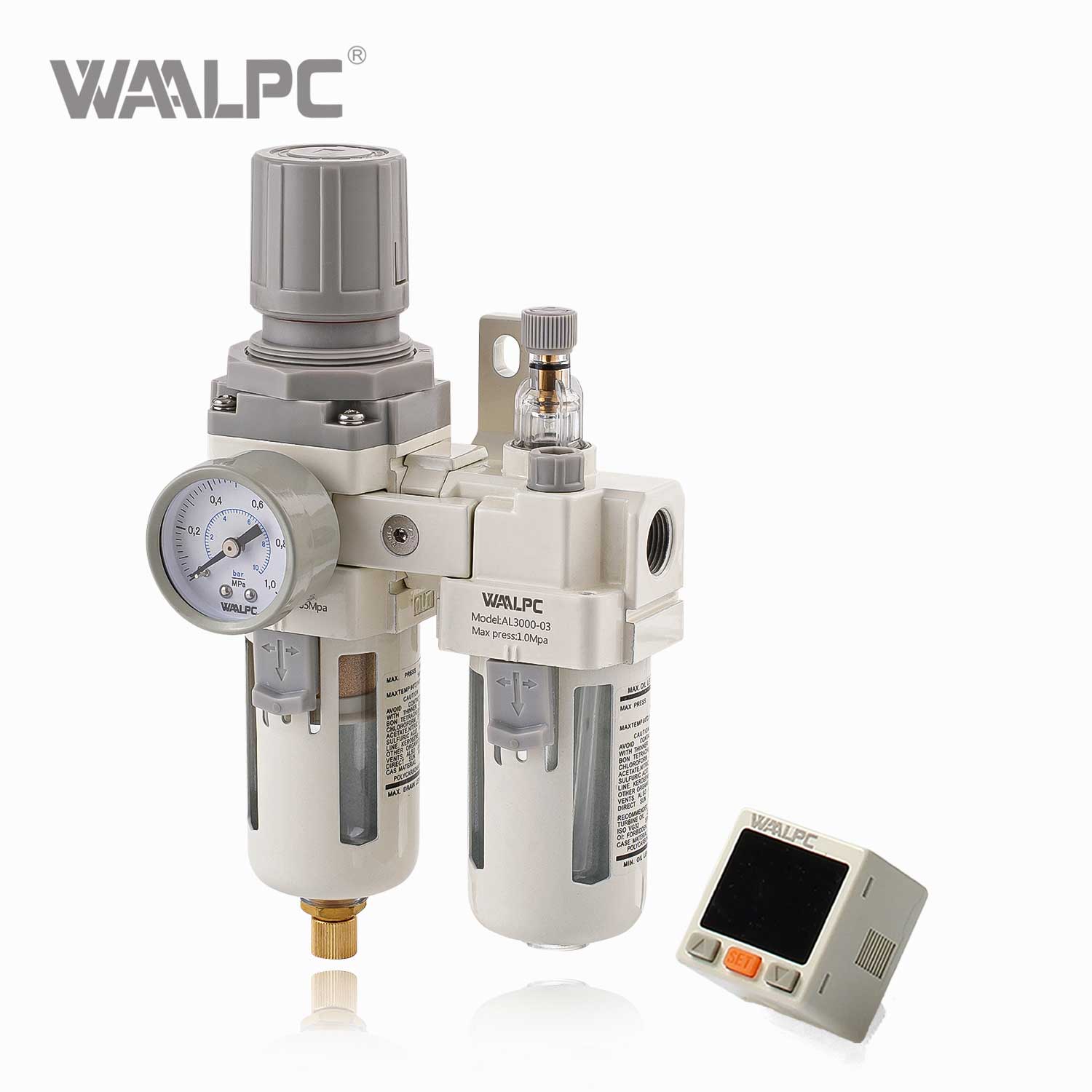 WAALPC SMC AW3000-03 G3/8'' 0.05-0.85MPa White Pneumatic Filter Regulator with External Pressure Gauge And Electronic Display 