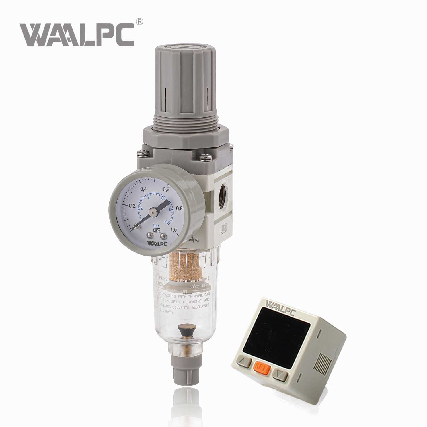 Regulador de filtro neum&aacute;tico blanco WAALPC SMC AW2000-02 G1/4'' 0,05-0.85MPa con man&oacute;metro externo y pantalla electr&oacute;nica 